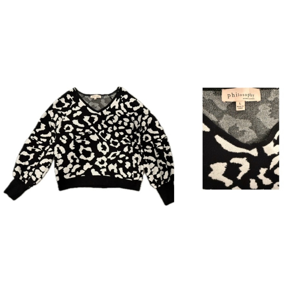 Philosophy Black and White V-Neck Sweater with Animal Print